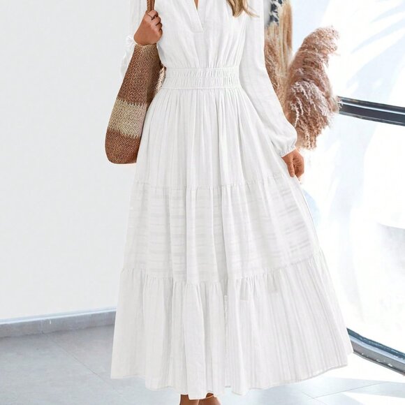 long sleeve boho maxi dress white Monaco Long bohemian dress with lace and ruffles, 3/4 sleeves main image 1